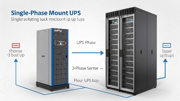 An illustration comparing a smaller single-phase rack-mount UPS next to a large, floor-standing 3-phase modular UPS system, with arrows indicating their typical application areas in a data center.