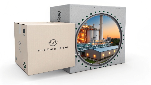An illustration showing a generic brand box, with a window revealing a sophisticated factory (representing the OEM/ODM) inside