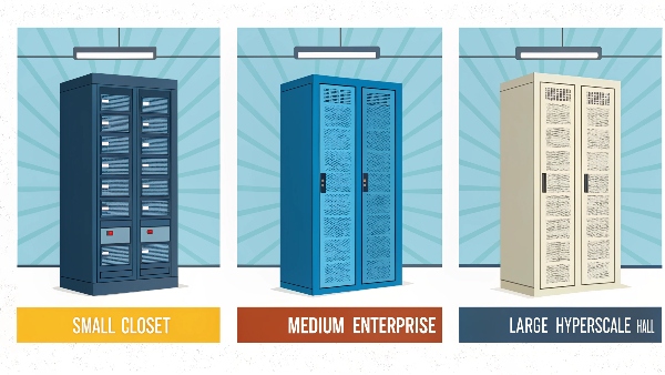 An illustration showing various scales of data centers – a small closet, a medium enterprise room, a large hyperscale hall – each clearly depicted with appropriately sized UPS systems.