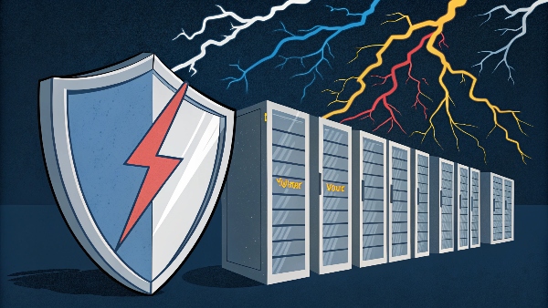 An image depicting a shield or protective barrier (representing the UPS) deflecting lightning bolts or erratic power lines (representing power problems) away from pristine-looking server racks.
