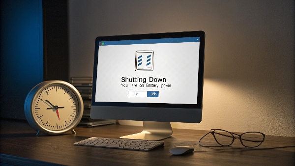 An image of a clock with the hands showing 10 minutes, next to a computer being safely shut down