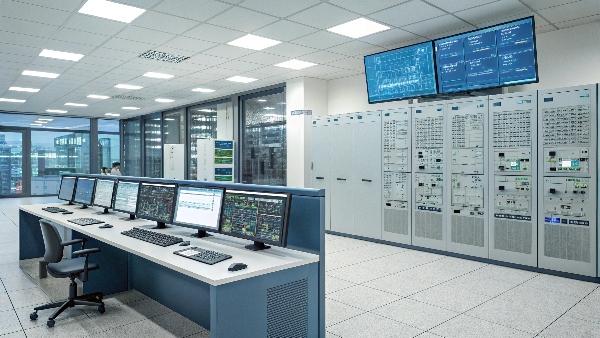 An image of a power plant control room with multiple computer screens, with a rack of UPS systems visible in the background