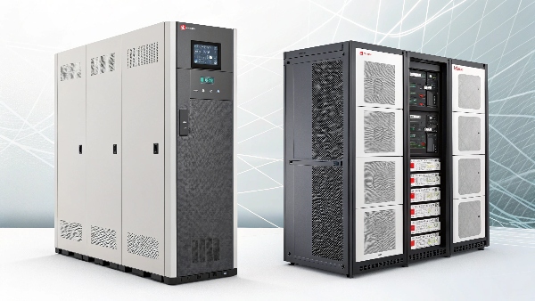 An image showcasing both a large monolithic UPS unit and a modular UPS system with several power modules visible, perhaps side-by-side or in a split view