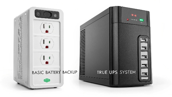 An image showing a basic power strip with a battery next to a full-featured Line-Interactive UPS unit
