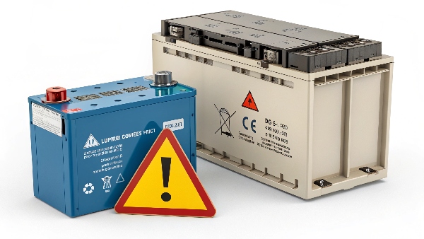 An image showing a LiFePO4 battery with a warning symbol next to a lead-acid UPS chassis
