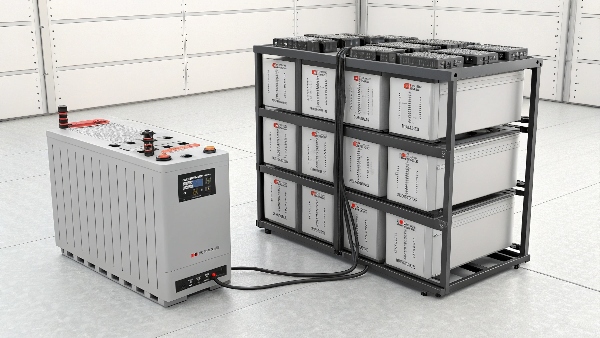 An image showing a rugged VRLA battery bank on one side and a modern, compact lithium battery module on the other