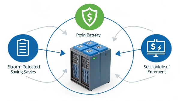 An image showing a UPS system with an arrow pointing to the battery, and another arrow pointing to a dollar sign icon representing energy savings