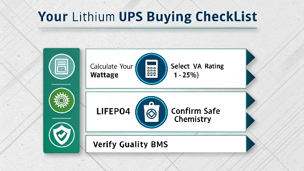An infographic checklist showing the steps: 1. Calculate Watts, 2. Add 25% for VA, 3. Confirm LiFePO4, 4. Check for quality BMS