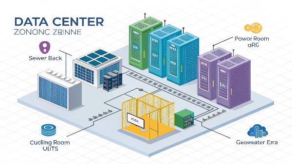 An infographic or cutaway view of a data center showing different zones: server racks, cooling units, power room with UPS and generators, and networking area