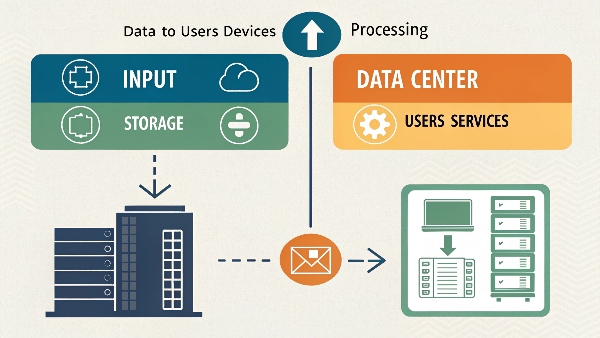 An infographic or diagram illustrating the functions of a data center: input (data from users/devices), processing (servers), storage (storage arrays), output (data to users/services), all within a secure and powered environment