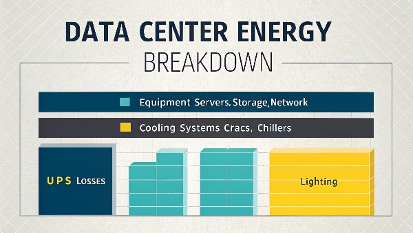An infographic or diagram showing the main power consumers in a data center: a large block for IT Equipment (servers, storage, network), another significant block for Cooling Systems (CRACs, chillers), and smaller blocks for UPS losses, lighting, etc.