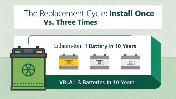 An infographic showing a single lithium battery lasting 10 years versus three lead-acid batteries being replaced over the same period