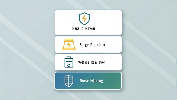 An infographic showing four icons representing the functions of a UPS: Battery, Lightning Bolt, Waveform, and Filter
