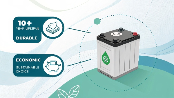 An infographic showing icons for Durability, Economy, and Environment surrounding a LiFePO4 battery