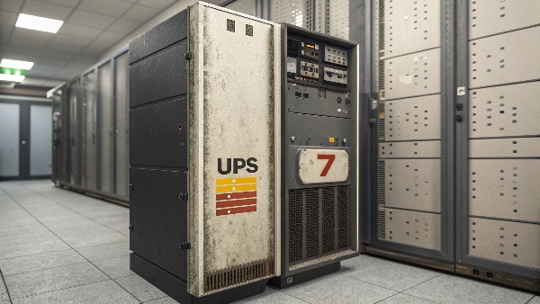 An older UPS unit in a server rack, with a calendar highlighting a 7-year mark