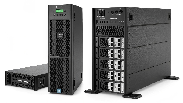 An SRT 3kVA unit shown in both its rackmount and tower forms, powering a network switch and a small server