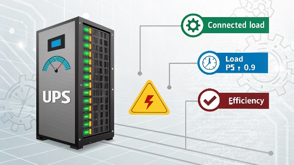Animated graphic showing a UPS struggling or becoming less efficient as the power factor of the connected load decreases