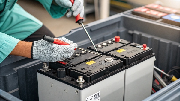 Close-up image of a UPS battery compartment, perhaps with a battery being tested or replaced