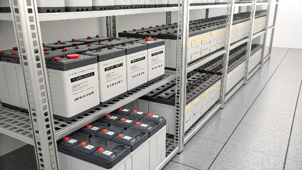 Close-up of a bank of UPS batteries, likely lead-acid or lithium-ion, in a data center environment