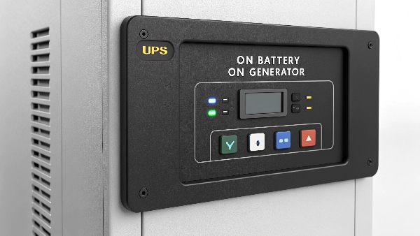 Close-up of an online double-conversion UPS display showing 'On Battery' then 'On Generator' status