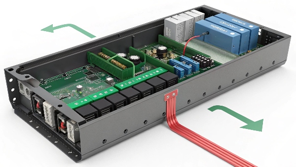 Close-up of the internal surge protection components within a UPS, with an arrow indicating the path of a diverted surge