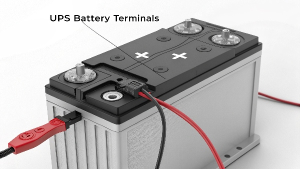 Close-up of UPS battery terminals clearly marked with + and - symbols, with corresponding red and black wires