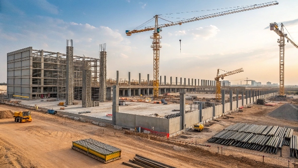 Construction site of a large data center with cranes and building framework visible.