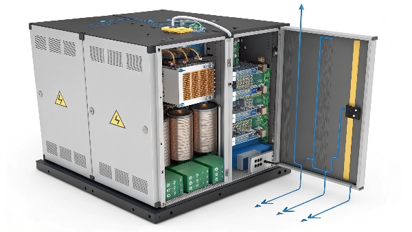 Cutaway view of a UPS showing an internal transformer, with arrows indicating voltage transformation