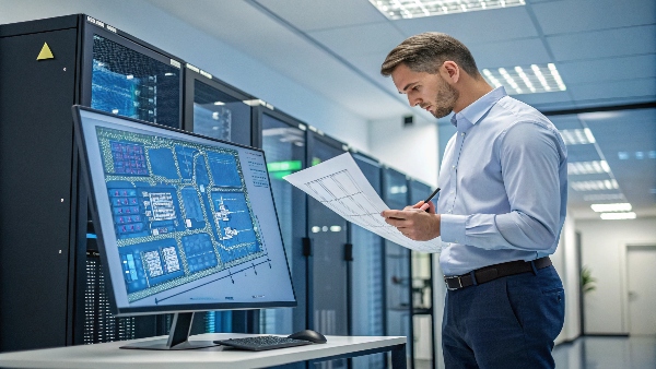 Data center designer reviewing blueprints or a 3D model of a data center layout