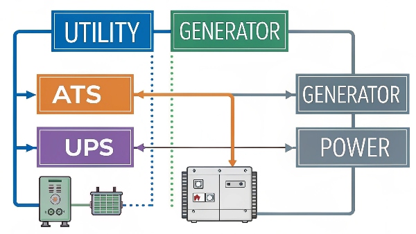 Detailed diagram showing power flow: Utility -> ATS -> UPS -> Load, and Generator -> ATS with timing indicators