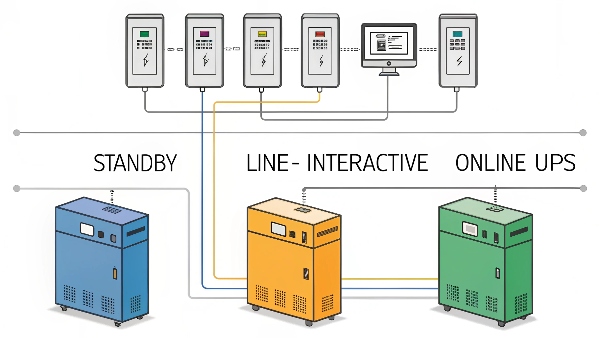Diagram comparing Standby, Line-Interactive, and Online UPS topologies