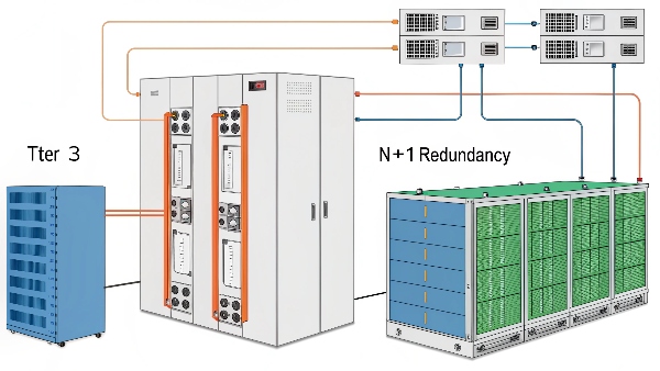 Diagram illustrating N+1 redundancy in a data center, showing an extra UPS and cooling unit