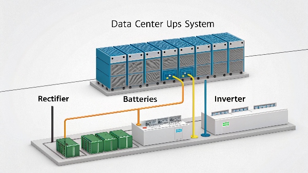 Diagram of a Data Center UPS System components with labels for rectifier, batteries, inverter, bypass