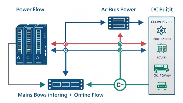 Diagram of an online UPS system showing power flow: Mains AC -> Rectifier -> DC Bus (Battery connected) -> Inverter -> Clean AC Output to Load