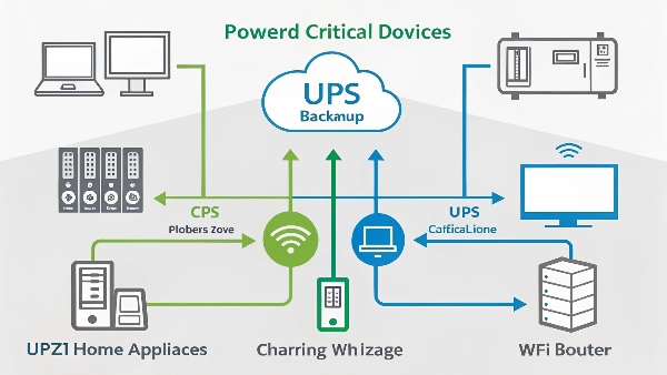 Diagram showing a UPS only powering a modem, router, and phone, while other home appliances are ignored