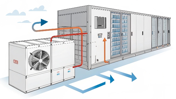 Diagram showing an AHU connected to ductwork, with arrows indicating airflow in a data center environment.