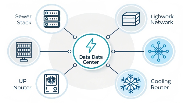 Diagram showing interconnected components of data center infrastructure: servers, storage, networking, power, cooling