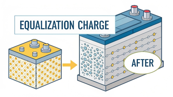 Diagram showing the equalization charge process on a lead-acid battery cell