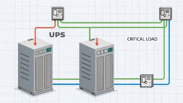 Diagram showing two UPS units connected in parallel to a common load, illustrating redundancy