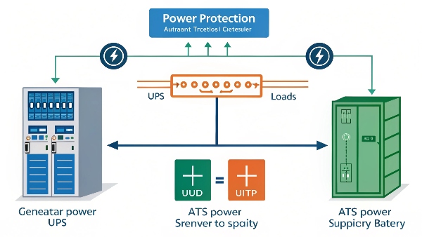 Diagram showing Utility -> ATS -> UPS -> Load, and Generator -> ATS. Illustrate UPS battery power during gap, then generator power flow.