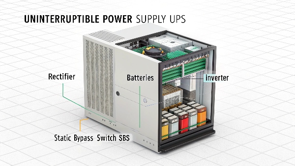 Exploded view diagram of an online UPS showing labeled components: Rectifier, Batteries, Inverter, Static Bypass Switch