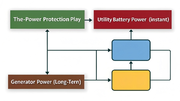 Flowchart showing: Utility Power -> Outage -> UPS Battery Power (Instant) -> Generator Starts -> Generator Power (Long-term)