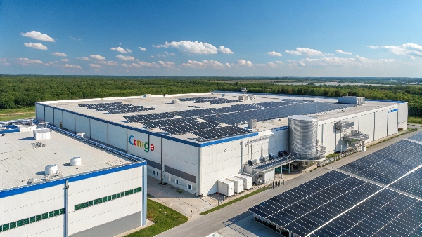 Google data center with solar panels visible nearby or on the roof