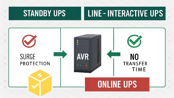 Icons representing Standby UPS, Line-Interactive UPS, and Online UPS with checkmarks for features like 'Surge Protection', 'AVR', 'No Transfer Time'