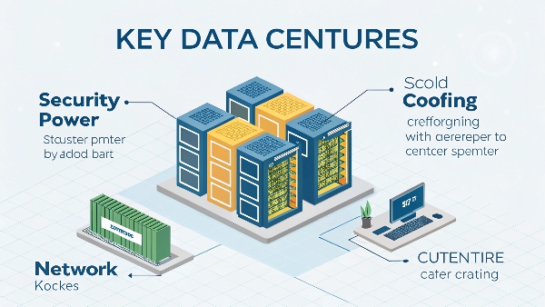Illustration highlighting key data center features: security, power, cooling, network racks