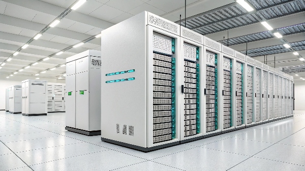 Illustration or photo depicting modern lithium-ion battery racks in a Google data center setting