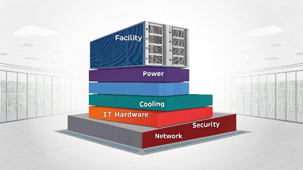 Illustration showing interconnected layers: Facility, Power, Cooling, IT Hardware, Network, Security, labeled as 'Data Center Infrastructure'