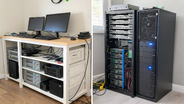 Image comparing a messy home server setup with a clean, organized small business server rack.