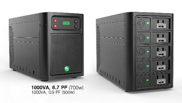 Image comparing two UPS units of the same VA rating but different power factors, showing the one with higher PF powering more devices