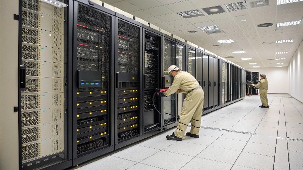 Image depicting a data center undergoing a technology refresh, with new equipment being installed alongside older racks